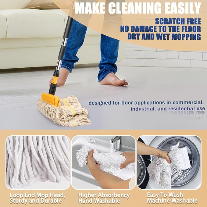 2 Pack 20oz Heavy Duty Commercial Industrial Cotton Mop Replacements Head with Long Handle, Loop-End String Wet Mop Refills, Applies to Garage, Workshop and Warehouse Floor Cleaning
