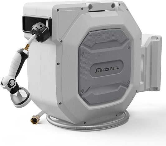 135 ft Retractable Garden Hose Reel, Heavy Duty Garden Hose Reels Outdoor Organizer- Self Retracting Wall Mount Hose Reel Automatic Recoil Storage, Any Length Lock, 10 Pattern Nozzle, White