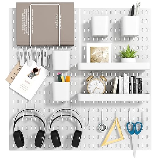 Peg Board Combination Kit, 4 Pegboards with 20 Accessories, Pegboard Wall Organizer for Office, Nursery & Home Storage, Key Holder, 25.6"x25.6" – Nail-Free Installation（White）