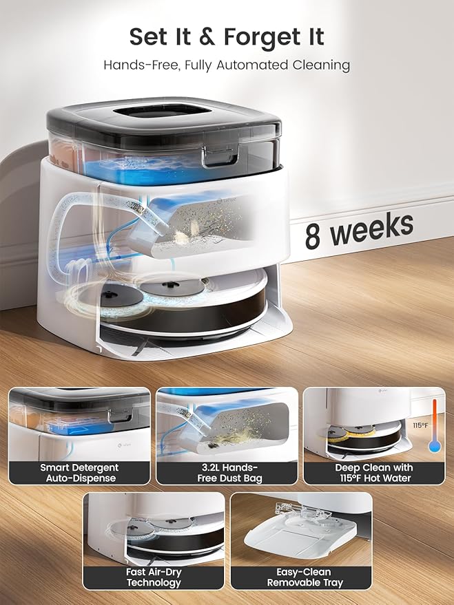 Lefant M3 Robot Vacuum, Auto Mop Washing, 12000Pa Suction, Self-Emptying & Refilling, 9mm Mop Lifting, 200RPM Spinning Mops, Smart Obstacle Avoidance, White