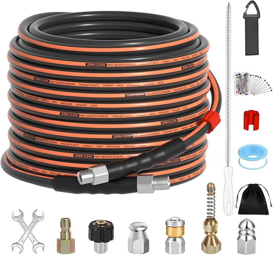50FT Sewer Jetter Kit for Pressure Washer, 1/4" NPT Corner Drain Cleaner Hose 5800 PSI with Sewer Jetting Nozzles, Pearl Corsage Pin, Waterproof Tape, Extension Cord Organizer&2 Spanner