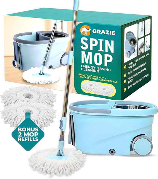 Grazie Spin Mop & Bucket Set - 360° Self-Wringing System with Wheels, Stainless Steel Handle - Hands-Free Floor Cleaning for Hardwood, Tile, Laminate - Includes 2 Washable Microfiber Mop Head Refills