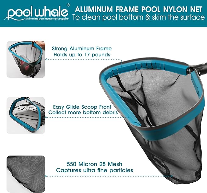 Swimming Pool Cleaning Kit - Aluminum Frame Skimmer Net with 10Ft Adjustable Pole & 17.5” Pool Brush Head, Pools Maintenance Kits for Inground & Above Ground Swimming Pools, Removes Debris