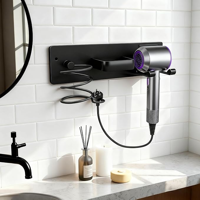 Blow Dryer Holder Wall Mount, 3 in 1 Bathroom Hair Tool Organizer with Curling Iron Holder & Flat Iron Holder, Universal Hair Dryer Holder Rack Storage Matte Black