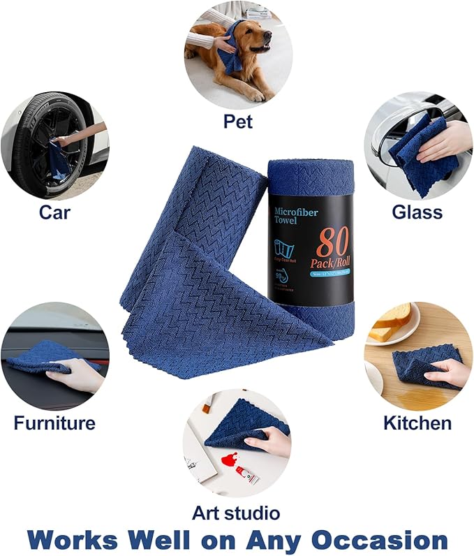 80 Pack Microfiber Cleaning Cloth Roll Reusable Paper Towels 12"x12" Tear Away Cloth,Absorbent Dish Rags for House Kitchen,Wash Cloths,Lint Free Rags for Window Cars Cleaning Supplies