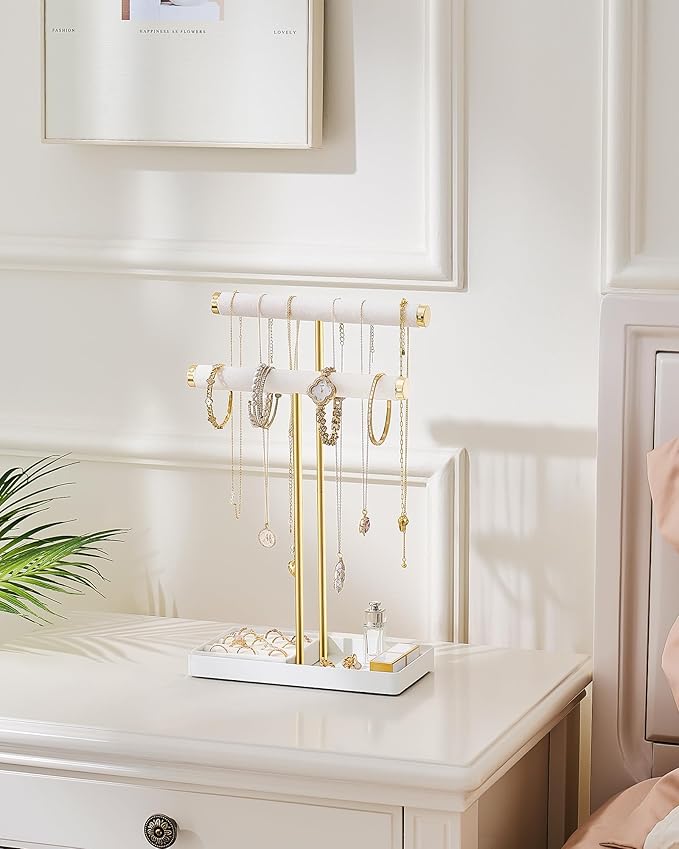Lolalet 2-Tier Necklace Holder Display, Velvet Wrapped Bracelet Stand with Removable Ring Tray, Tall Jewelry Organizer for Bangles Watches Earrings, Galentines Valentines Gifts for Girls Women -White
