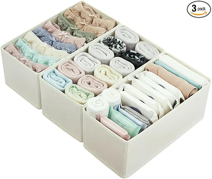 3-Pack Breathable Mesh Drawer Organizer - Foldable Fabric Storage for Underwear, Bras & Socks, Removable Dividers for Bedroom & Closet, Beige
