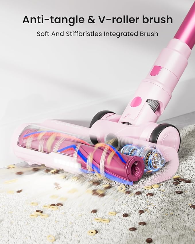 Cordless Vacuum Cleaner,55KPa 650W 65Mins Vacuum Cleaners for Home,Stick Vacuum with LED Display &Anti-tangle Brush and Self-Standing Design,Vacuum Cleaner for Hardwood Floors,Carpet,Pet Hair(Pink）
