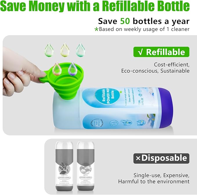 Power Mop Refillable Bottle for Swiffer PowerMop, Empty Reusable Bottle for Power Mop, 26 FL OZ Leak-Proof HDPE Solution Container with 5 Silicone Gaskets & Folding Funnel