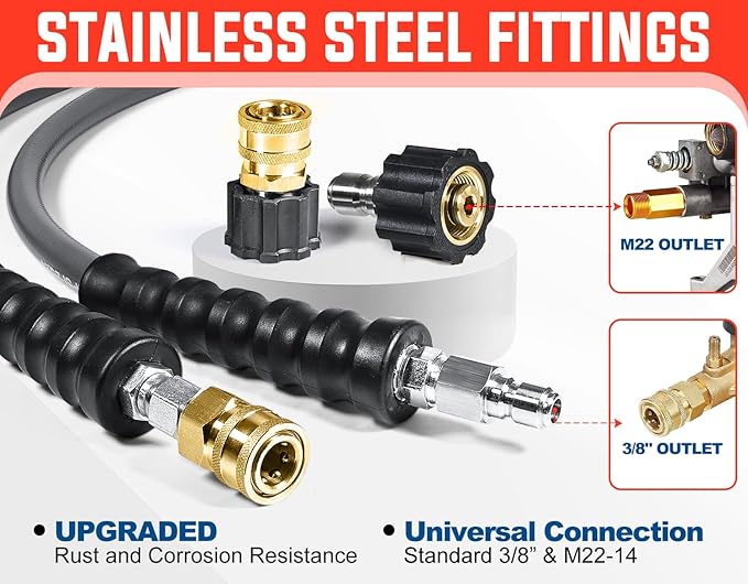 YAMATIC Non Marking 3/8" Pressure Washer Hose 50FT 4200 PSI, Kink Resistant Swivel 3/8" Quick Connect, Rubber Steel Braided Wear Resistant Industry Grade for Hot/Cold Water Gas Power Washer