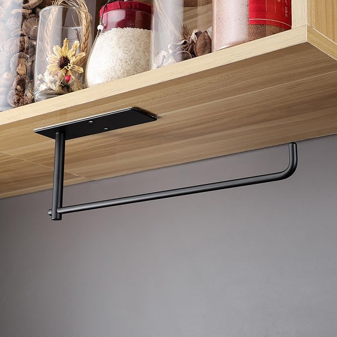 SUNTECH Paper Towel Holder Under Kitchen Cabinet - Self Adhesive Matte Black Towel Paper Holder Stick on Wall, SUS304 Stainless Steel