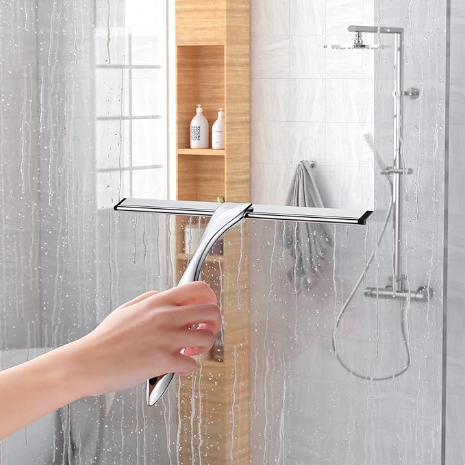 Shower Squeegee for Glass Door 12-Inch Stainless Steel Bathroom Squeegee Window Wiper, 100% Streak-Free, Includes Shower Door Hook and Adhesive Hook, for Window Mirror Tiles Car All-Purpose Squeegee