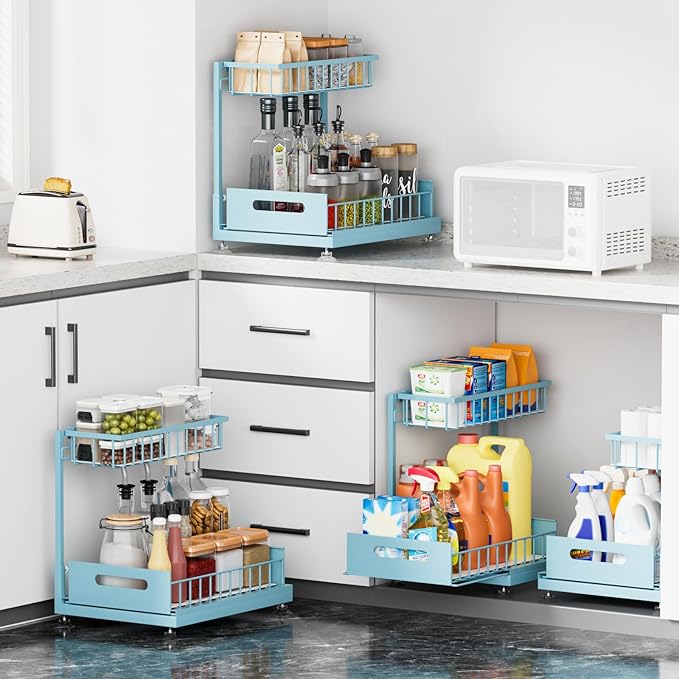 Under Sink Organizer Storage 2-Tier Premium Metal Pull-Out Kitchen Cabinet Organizer with Sliding Drawer, Height Adjustable, Heavy Duty for Kitchen & Bathroom Organizers 1 Pack Teal