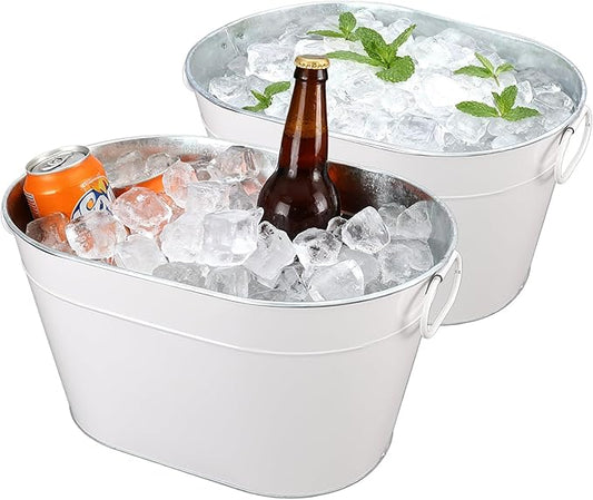 2PCS Galvanized Tub Ice Bucket for Parties, Thick Metal Galvanized Drink Buckets, Beverage Bucket with Handles, Drink Bucket for Indoor & Outdoor Party (White)