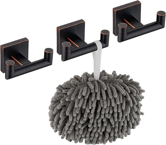KOKOSIRI Robe Hooks Bathroom Double Towel Coat Hook for Bath Kitchen Hardware Wall Mounted, 3 Pack Oil Rubbed Bronze Stainless Steel B1015ORB-P3