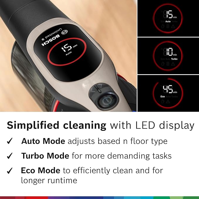 Bosch Unlimited 9 Cordless Stick Vacuum, Fast Charger, Up to 60-Min Runtime, MicroClean Brush, >99.9% Dust Pick-up, HEPA Filter, Pet Hair, Carpets & Hard Floors, 6 Accessories, Dark Cream