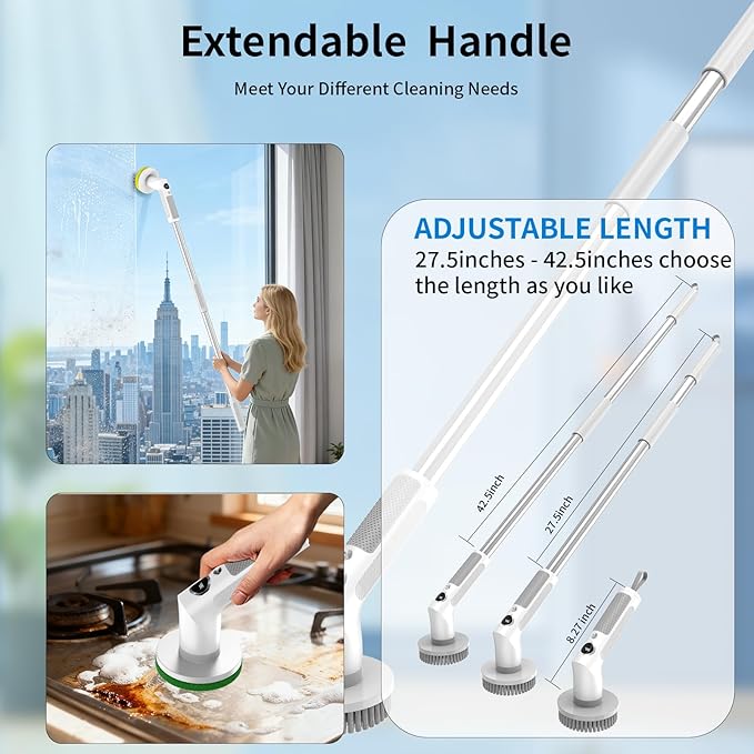 Electric Spin Scrubber, Cordless 20W High-Torque IPX7 Waterproof Cleaning Brush with LED Battery Display, 2-Speed &6 Replaceable Heads & Extendable Long Handle for Bathroom Kitchen Car