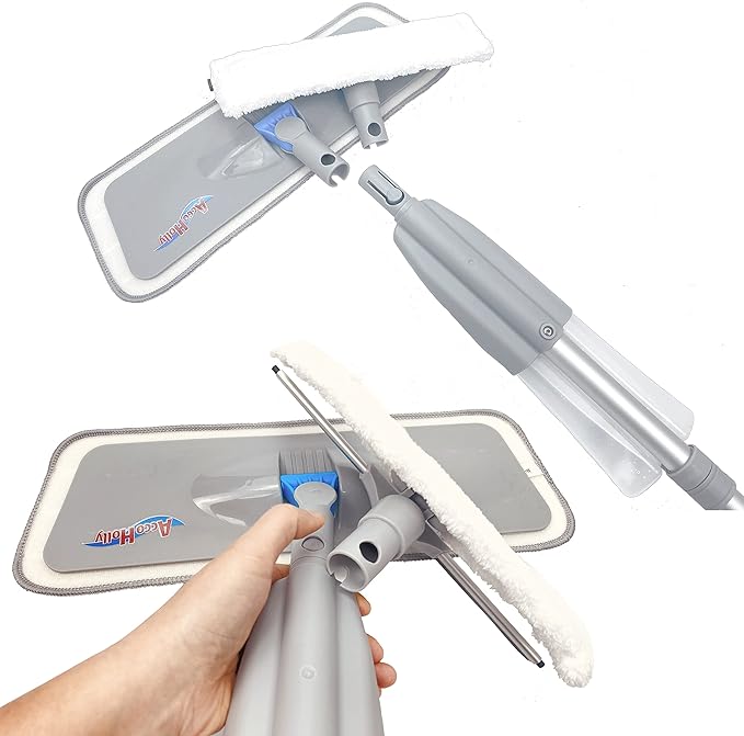 Spray Mop Kit for Floor Cleaning Plus Extra Spray Window Washing Squeegee Set, with 12 Washable Microfiber Pads, Dry & Wet Use for Hardwood Laminate Wood Marble Ceramic Tile, Window or Car Cleaning