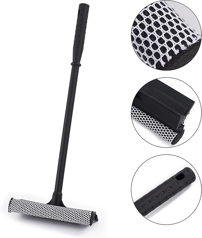 Matthew All Purpose Window Squeegee w/Premium Microfiber Cloth 3Pcs,Car Squeegee Windshield Cleaning Sponge and Rubber Squeegee,2-in-1 Window Cleaner Sponge(10'') and Soft Rubber With Pole 20''(3Pack)