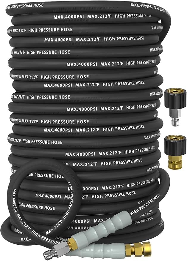 Pressure Washer Hose 200FT 4000 PSI, Kink Resistant Steel Braided Layer & NonMarking Rubber for Hot/Cold Water, High Power Washer Hose With 3/8 Inch Quick Connect & M22 Fitting, Black