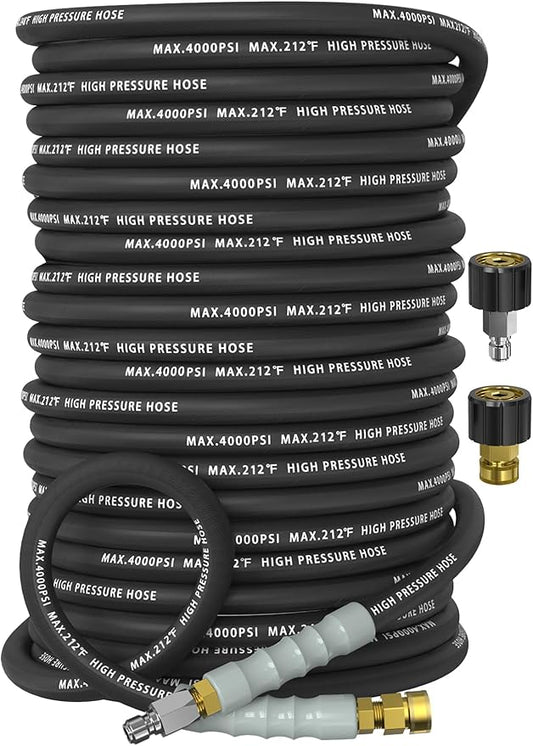 Pressure Washer Hose 200FT 4000 PSI, Kink Resistant Steel Braided Layer & NonMarking Rubber for Hot/Cold Water, High Power Washer Hose With 3/8 Inch Quick Connect & M22 Fitting, Black