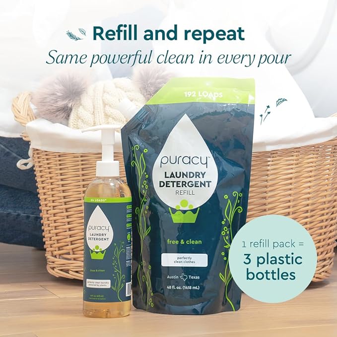 Puracy Laundry Detergent Refill - Enzyme-Powered Liquid Detergent Concentrate, Natural Laundry Detergent Seen on TikTok, Non-Toxic (Free & Clear, 48 fl oz, 192 Loads) (Pack of 2)