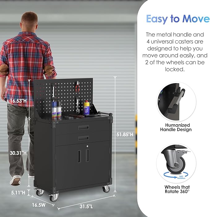 SUXXAN Black Tool Cart with Pegboard and 4 Hooks,Garage Storage Cabinet on Wheels with 2 Drawer,Industrial Service Utility Tool Cart for Mechanics, Garage, Workshop