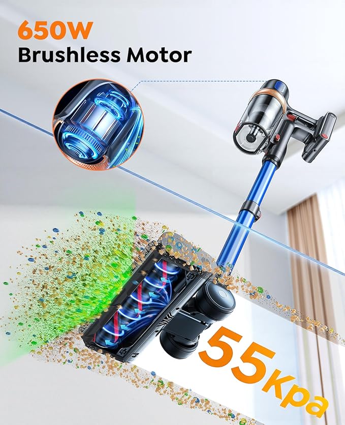 Cordless Vacuum Cleaner, 650W 55KPA 70Mins Vacuum Cleaners for Home, Upgraded Stick Vacuum with Extra Mattress Cleaning Tool, Self-Standing, Anti-Tangled Vacuum Cordless for Pet Hair/Floors/Carpets