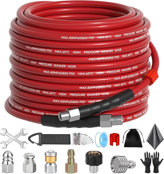 Sewer Jetter Kit 50FT for Pressure Washer, 5800 PSI Drain Cleaner Hose 1/4 Inch NPT with Spray Nozzle, Button Nose and Rotating Sewer Jetting Nozzle, Spanner Teflon Tape Pearl Corsage Pin