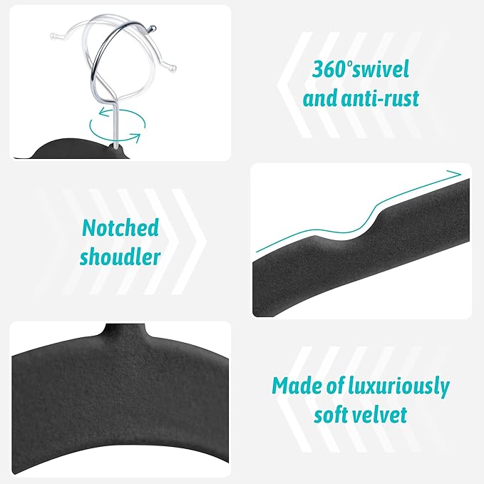 Premium Velvet Hangers 50 Pack - Space-Saving Closet Organizer for Clothes, Non-Slip Flocked Design, Ideal for Shirts and Coats (Black)