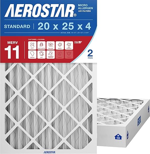 Aerostar 20x25x4 MERV 11 Air Filter, 2 Pack Set of HVAC Furnace Filters, Electrostatic MPR 1000-1200 & FPR 7 (Actual Size: 19 1/2 x 24 1/2 x 3 3/4 inches)