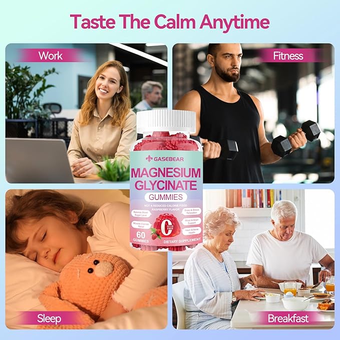 Magnesium Glycinate Gummies 400mg, Sugar Free Vegan Magnesium Supplement for Adults & Kids with L-threonate, B6, Tryptophan & Omega-3 for Sleep, Muscle & Calm Support, 60 Raspberry Chewables