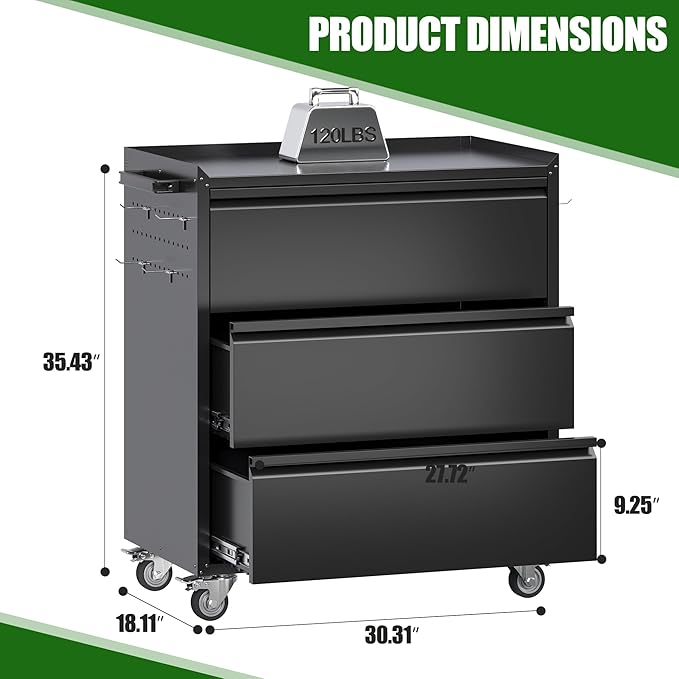 SUXXAN Metal Storage Cabinet with 3 Drawer and 4 Hooks,35.4" H Top Workbench Mobile Tool Chests Garage Cabinets with 4 Wheels,Tool Cabinets for Home,Office,Shop