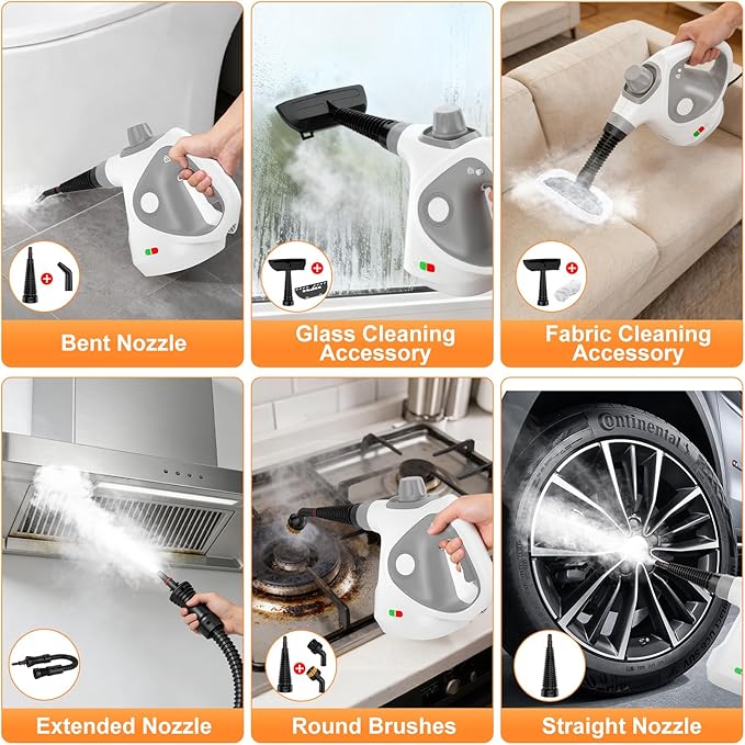 Handheld Steam Cleaner for Home, Pressurized Portable Steamer for Cleaning with 15 Accessories for Multi-Surface Cleaning, Floors, Tiles, Grout, Kitchen, Bathroom, Couch & Car