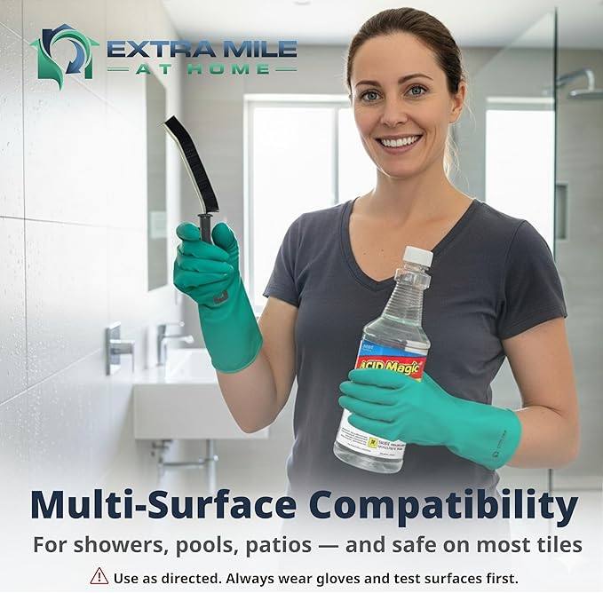 Acid Magic 32 oz Grout Cleaner Bundle with Heavy-Duty Gloves & Grout Brush - 3 Items - Shower Tile Cleaner Removes Limescale, Calcium & Buildup on Swimming Pools and Floors