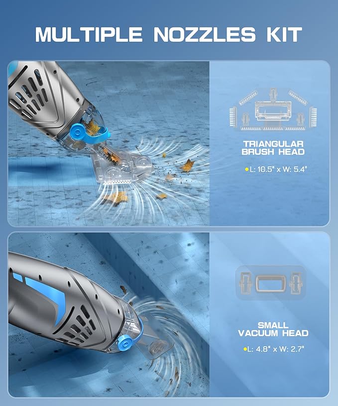 UIRWAY Cordless Pool Vacuum for Above Ground Pools, Upgraded 26.5 GPM Powerful Suction, IPX8 Handheld Rechargeable Pool Cleaner 2 Vacuum Heads & 4 Filter Bags, 1H Runtime, Portable for Inground Pools