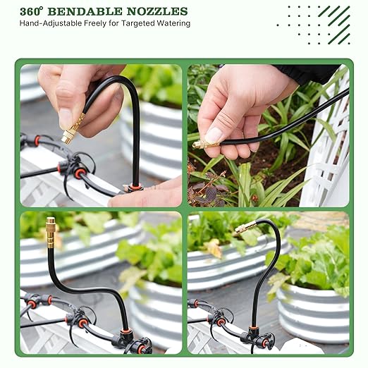 A ANLEOLIFE 50FT Drip Irrigation Kit, Automatic Irrigation System with 360° Bendable Atomizing Copper Nozzles, Quick-Connect Tubing for Patio, Lawn, Greenhouse, Potted Plants - Adjustable Water Flow