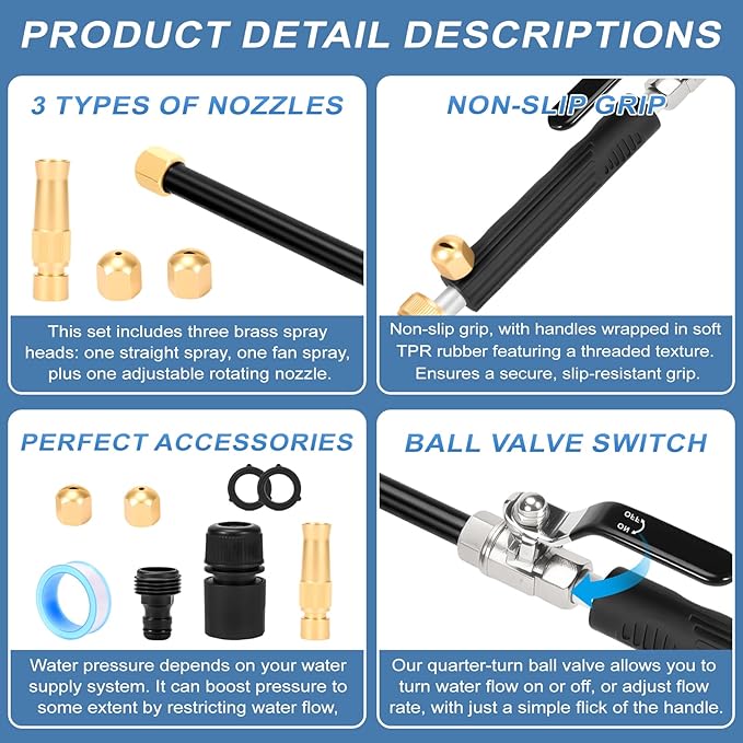 Garden Hose Nozzle, High Pressure Hydro Jet Washer Wand Triple Nozzles Including Hose Spray Nozzle Universal Quick Connectors For Powerful Cleaning