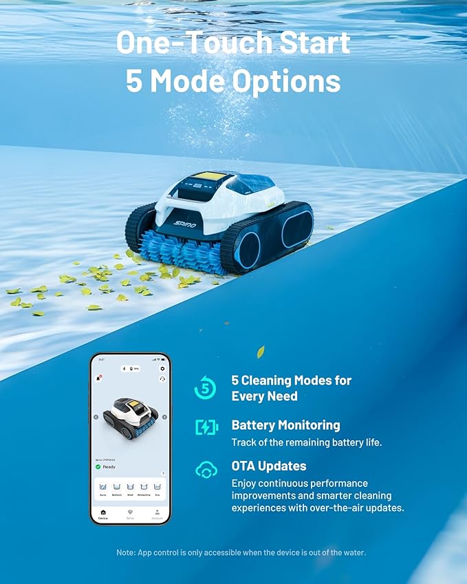 Spino E1 Cordless Robotic Pool Cleaner, 5800 GPH Suction with Triple Brushless Motors, Smart Arc Path, 5 Modes, IPX8 Waterproof, 1600 sq.ft Coverage, Auto Waterline Parking, APP Control