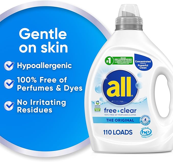all free clear, Original, Liquid Laundry Detergent for Sensitive Skin, Unscented and Hypoallergenic, Concentrated, 82.5oz, 110 Loads