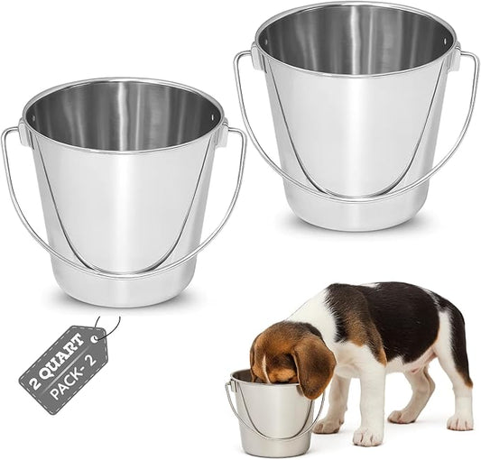 2 Quart Heavy Duty Stainless Steel Round Bucket with Handle | Fits kennel Cage Critter Crates Farm | Food & Water Pail for Small Pets Birds Dog Cat | Livestock Multipurpose use, Pack of 2
