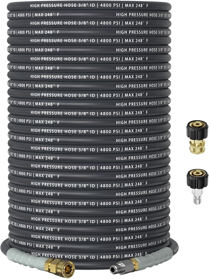 3/8" 4800PSI Pressure Washer Hose 200FT with 360° Swivel Quick Connect, Flexible & Kink Resistant Steel Wire Braided & Durable for Hot/Cold Water, High Power Washer Hose With M22 14mm Adapter