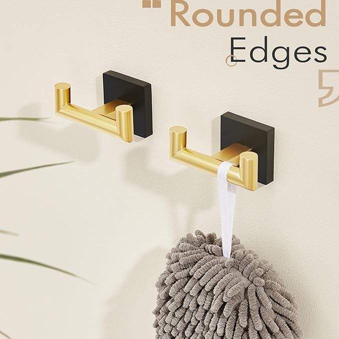 KOKOSIRI Robe Hooks Bath Towel Hooks Bathroom Hardware Double Coat Hooks Wall Mounted, Stainless Steel 2 Pack Black with Gold B1015GDK-P2