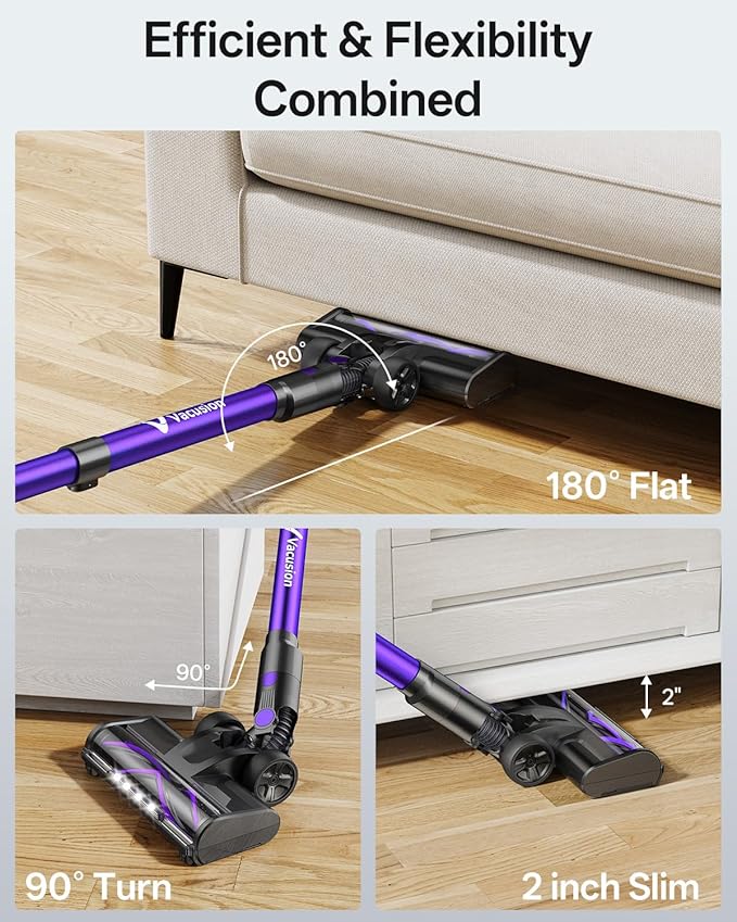 Cordless Vacuum Cleaner, 8-in-1 Cordless Stick Vacuum Cleaner with 3 Suction Modes, Up to 45mins Runtime, Rechargeable, Self-Standing, Vacuum Cleaners for Home Pet Hair Carpet Car Hard Floor, Purple