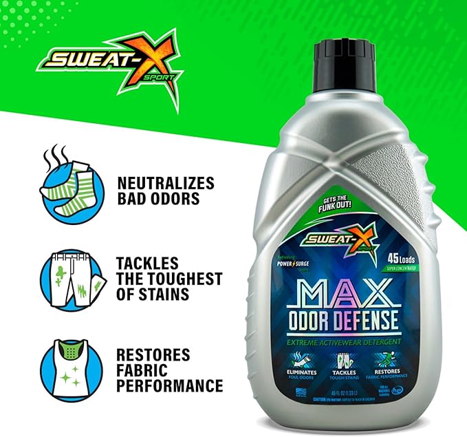 SWEAT X Max Odor Defense Laundry Detergent Liquid - Natural Washing Detergent for Activewear & Gym Clothes - Laundry Detergent for Sensitive Skin - Concentrated Detergent, 45 Loads (1 Bottle)
