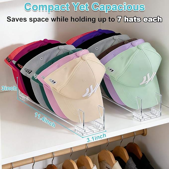 2 Pack Acrylic Hat Organizer for Baseball Caps, Clear Hat Stand for Closet Dresser Bedroom and Shelf - Non-Slip Cap Holder Displays and Holds Up to 14 Tennis or Trucker Hats