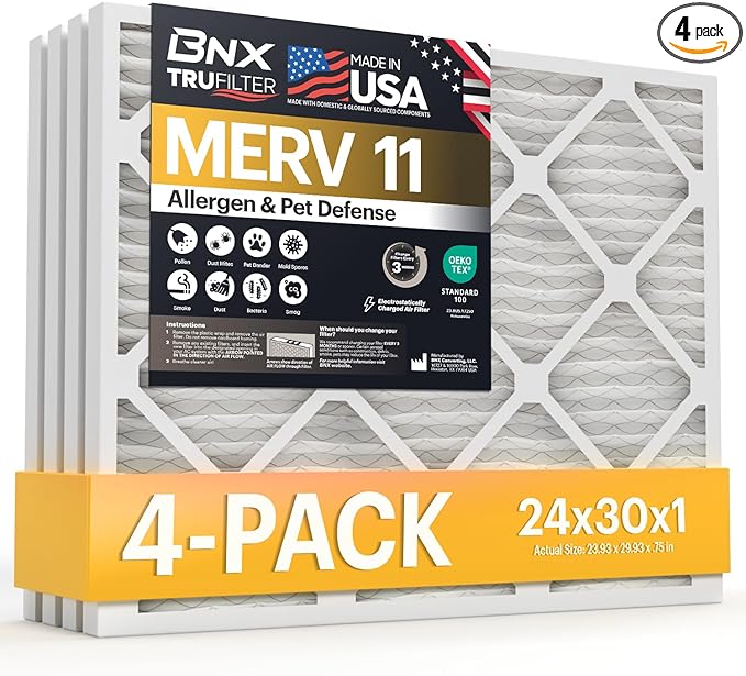 BNX TruFilter 24x30x1 Air Filter MERV 11 (4-Pack) - MADE IN USA - Allergen Defense Electrostatic Pleated Air Conditioner HVAC AC Furnace Filters for Allergies, Dust, Pet, Smoke, Allergy MPR 1200 FPR 7