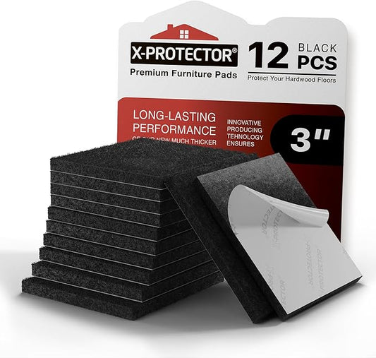 X-PROTECTOR Felt Furniture Pads - 12 PCS 3" - Felt Pads Floor Protectors - Chair Felt Pads - Felt Pads for Furniture Feet - Furniture Pads for Hardwood Floors - Protect Your Floors! (Black, Square)