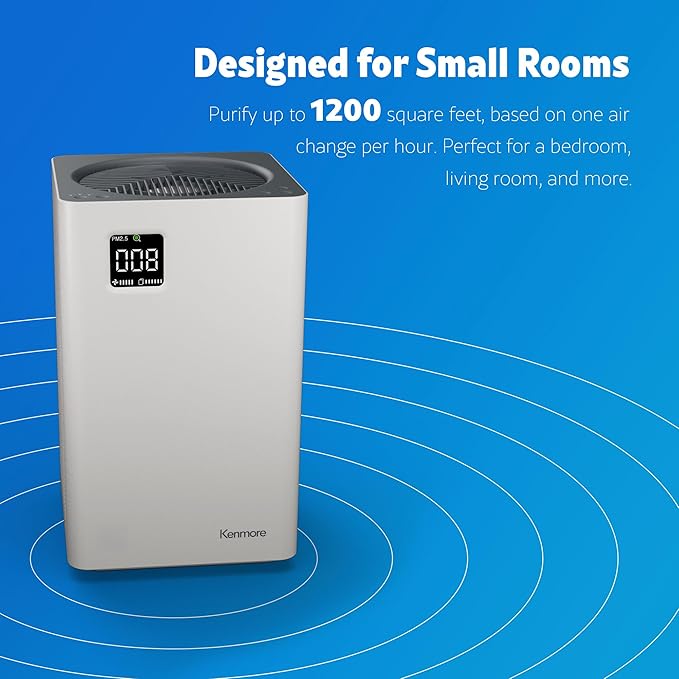Kenmore PM2010 Air Purifiers with H13 True HEPA Filter, Covers Up to 1200 Sq.Foot, 24db SilentClean 3-Stage HEPA Filtration System, 5 Speeds for Home Large Room, Kitchens & Bedroom, PM2010