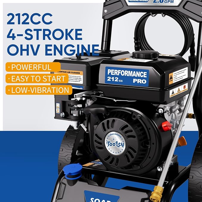 TOOLCY 3400 PSI Gas Pressure Washer, High-Performance 212cc OHV Engine, Reinforced Pump. Onboard Soap Tank, 30FT Hose, Spray Gun & 5 Nozzles, Max 2.8 GPM, Cars Homes Patios Fences Driveways